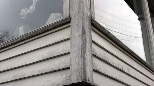 Maschinelle Übersetzung Norwegisch - Deutsch. Das Foto zeigt eine verschmutzte Holzhausfassade.