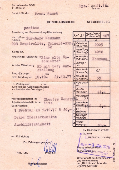 Honorarschein des Fernsehens der DDR aus dem Jahr 1978